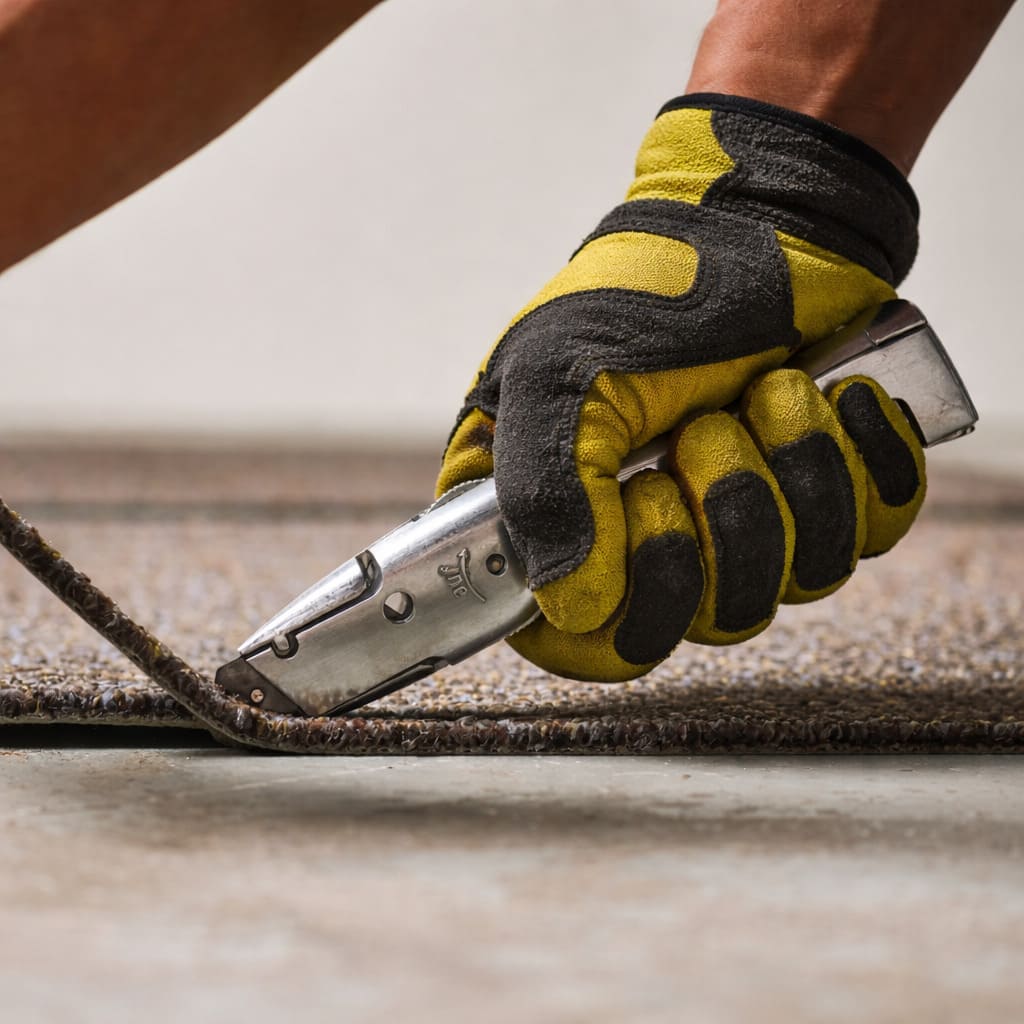 Carpet fitter cutting carpet with a carpet knife
